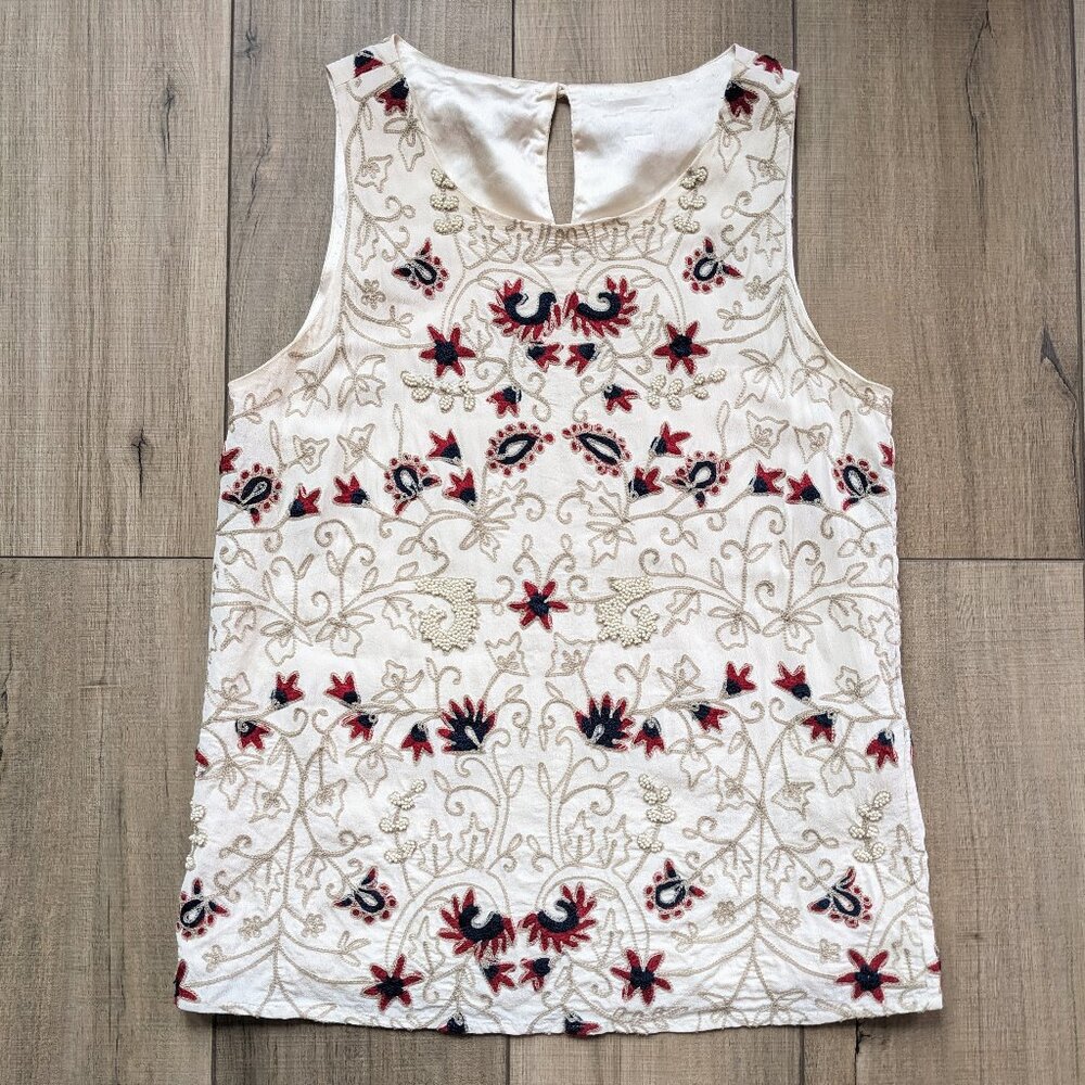 Boho Embroidered Floral Blouse XS Ivory Beaded Sleeveless Top Bohemian India